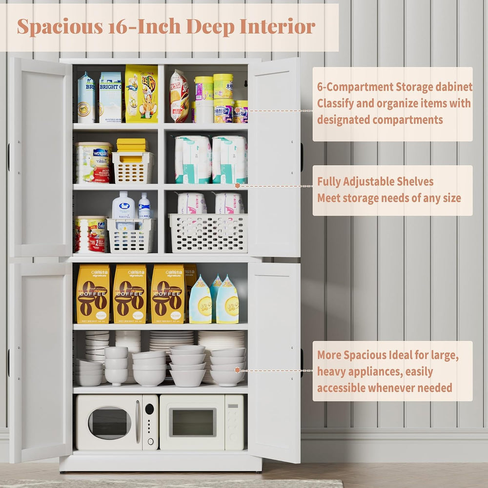 White Steel Kitchen Pantry Storage Cabinet with Barn Doors and Adjustable She...