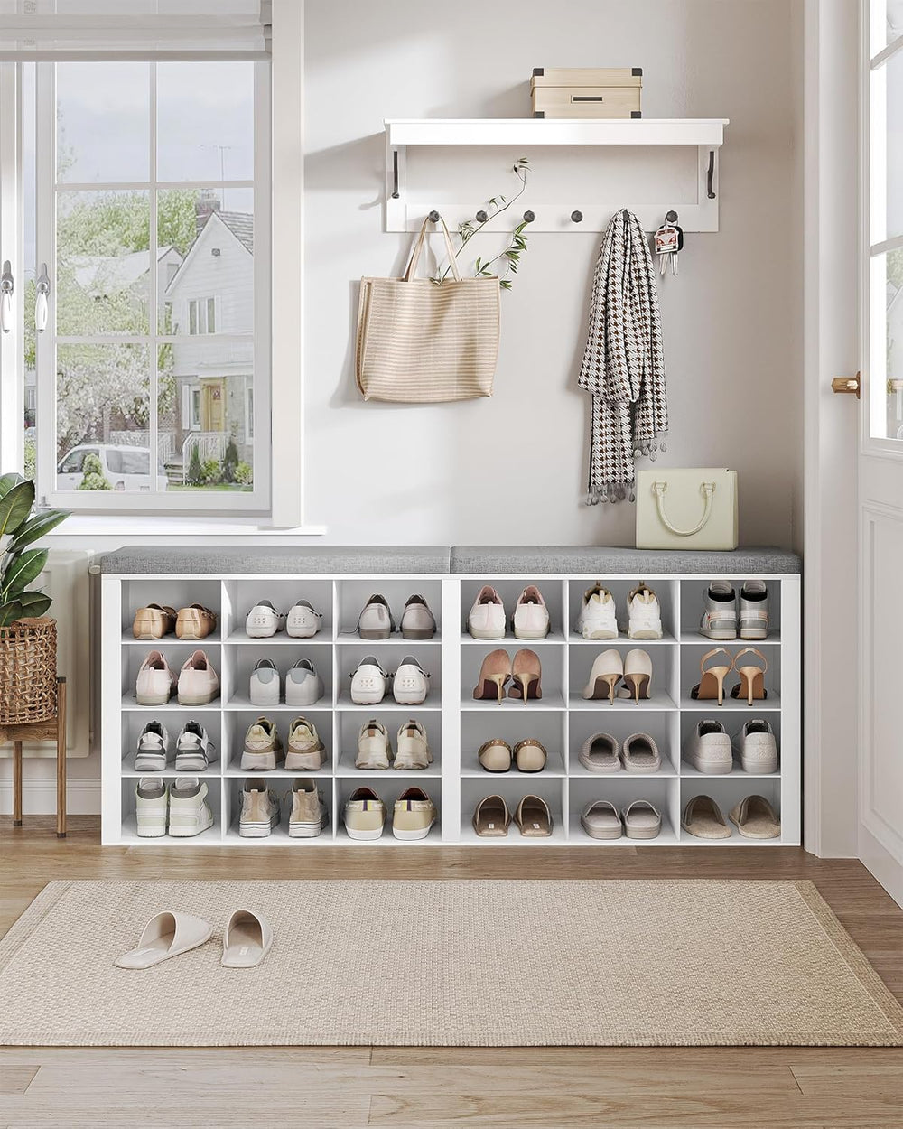 Hzuaneri Shoe Storage Bench with Cushion, Entryway Storage Bench with 24 Cubb...