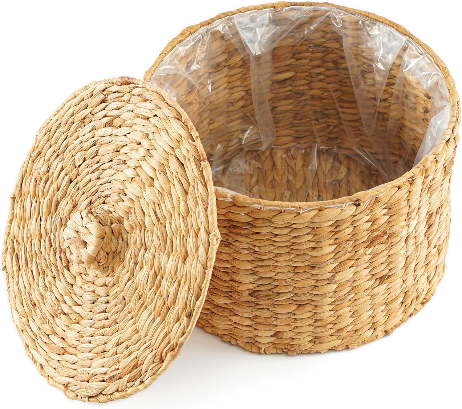 Greenatural Wicker Trash Can, 14x14x11 in Handwoven Water Hyacinth Waste Basket with Lid, Wicker Storage Bin with Natural Finish, Rustic Garbage Can for Laundry Room, Bathroom, Bedroom, Office