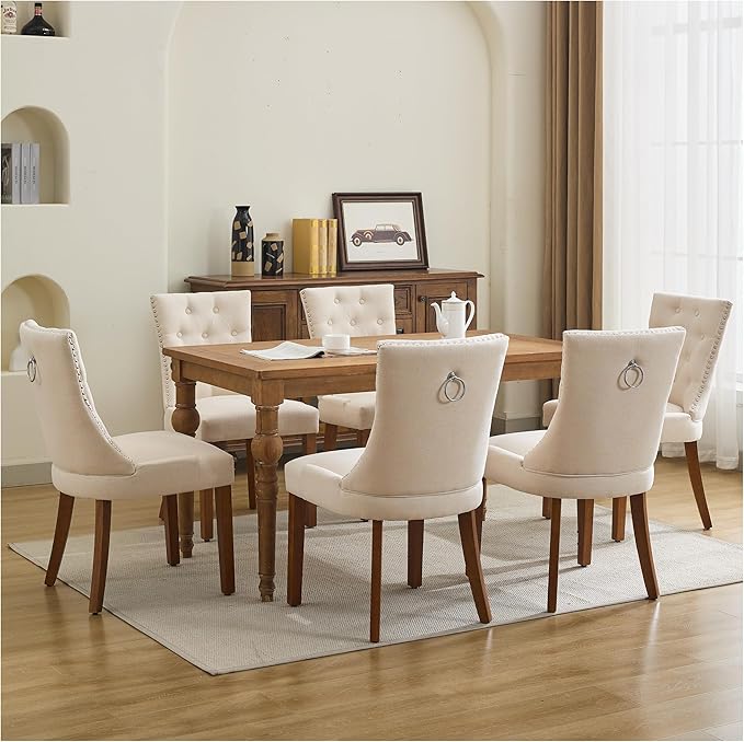 Upholstered Tufted Dining Chairs Set of 6, Fabric Side Dining Room Chairs with Nailhead Back Ring Pull Trim Solid Wood Legs, Beige