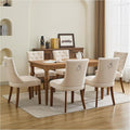 Upholstered Tufted Dining Chairs Set of 6, Fabric Side Dining Room Chairs with Nailhead Back Ring Pull Trim Solid Wood Legs, Beige
