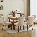 Upholstered Tufted Dining Chairs Set of 4, Fabric Side Dining Room Chairs with Nailhead Back Ring Pull Trim Solid Wood Legs, Beige