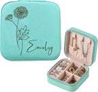 EDSG Personalized Jewelry Box for Women, Custom Leather Travel Jewelry Case with Name for Bridesmaid, Travel Jewelry Box Gifts for Christmas, Birthday, Anniversary, Mothers Day(Blue, Design 1)