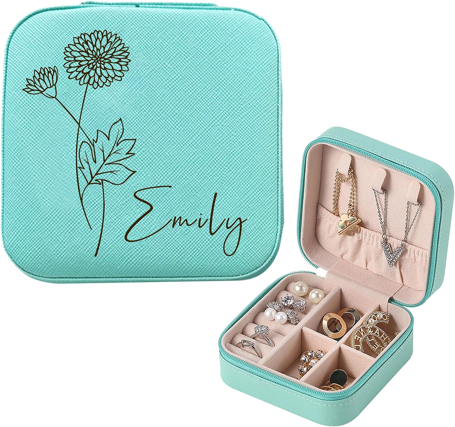 EDSG Personalized Jewelry Box for Women, Custom Leather Travel Jewelry Case with Name for Bridesmaid, Travel Jewelry Box Gifts for Christmas, Birthday, Anniversary, Mothers Day(Blue, Design 1)