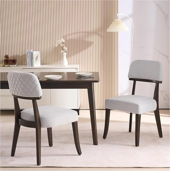 Modern Wood Dining Chairs Set of 2, Velvet Upholstered Kitchen Chairs with Open Curved Backrest & Black Hardwood Legs for Vanity, Living Room, 350 LBS Capacity, Grey