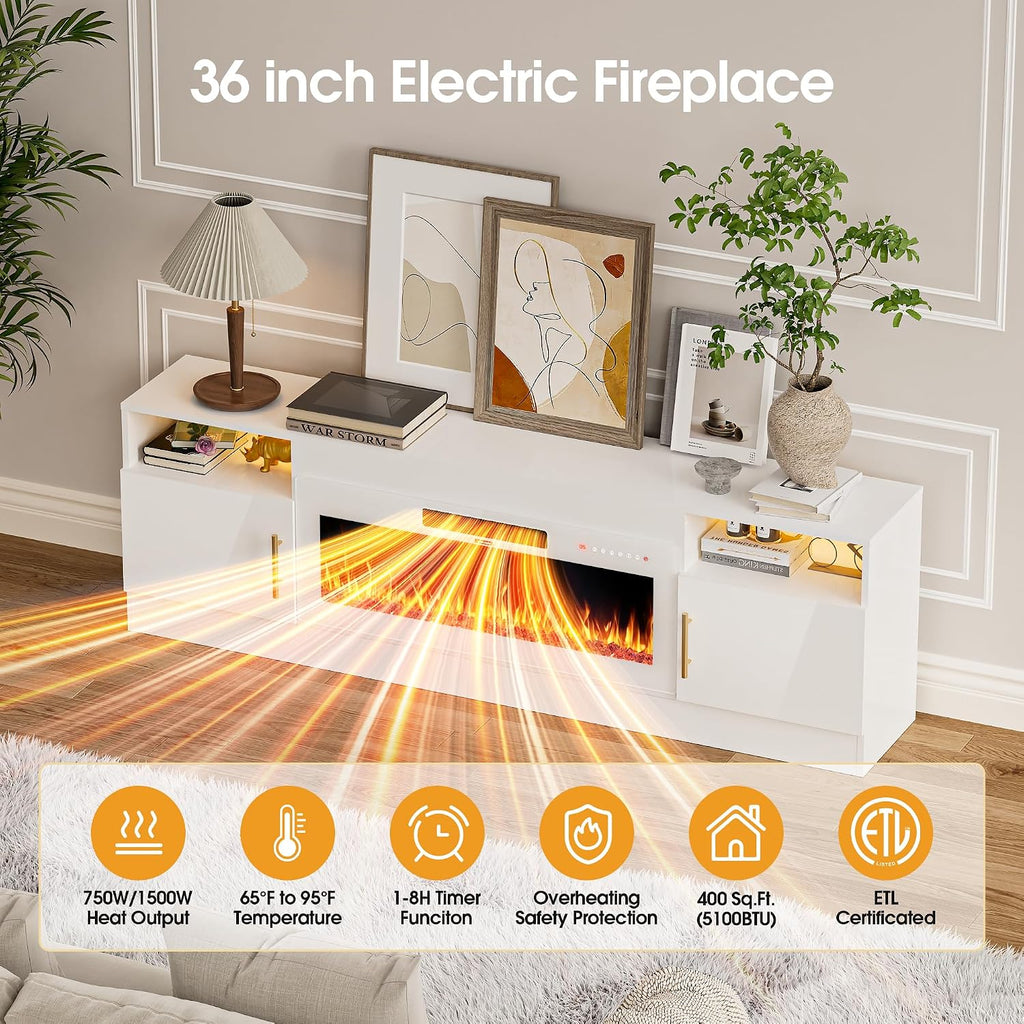 AHB Fireplace TV Stand 70", Fits TVs up to 80", LED Lights, Storage | 36" Electric Fireplace with Realistic Flame Multiple Color Modes Spacious Storage Cabinet with Handles White/White