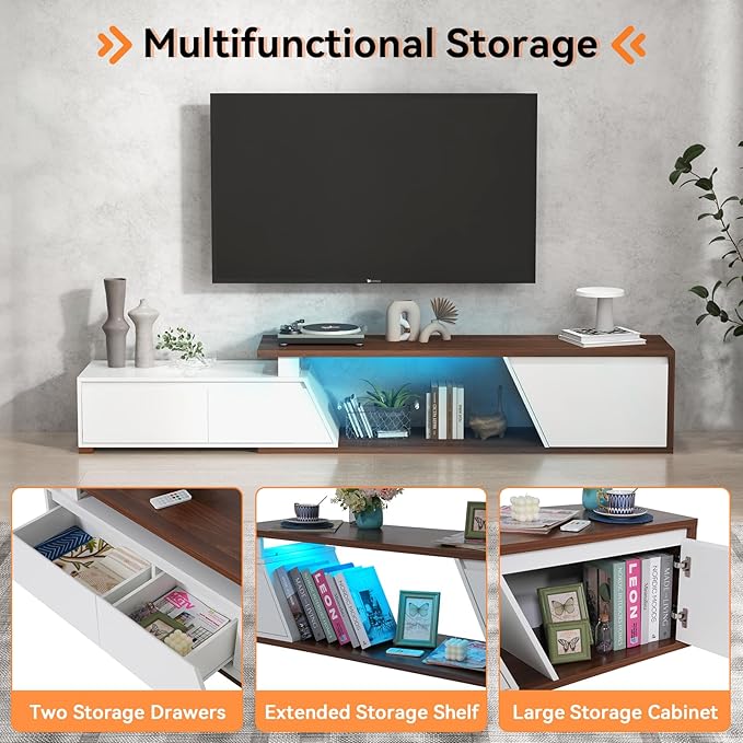 Verano Garden Extendable TV Stand with Led Lights, Wood TV Media Console with 2 Drawers & 1 Cabinet, Modern Entertainment Center Up to 90 Inch TV for Living Room Bedroom, 63" - 90.6" (White & Walnut)