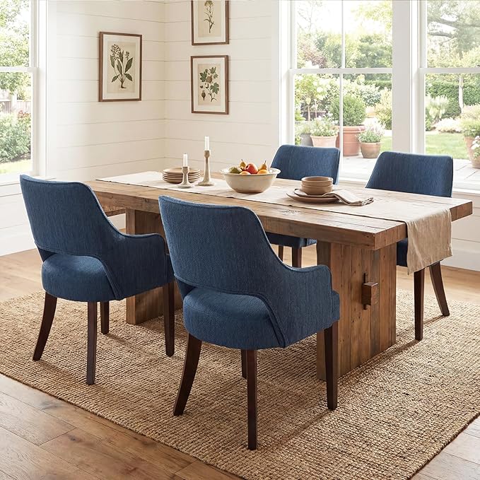 Upholstered Dining Chairs with Arms Set of 6, Linen Fabric Soft Padded Dining Room Chairs, Solid Wood Frame Accent Armchairs for Kitchen, Dining Room & Living Room, Blue