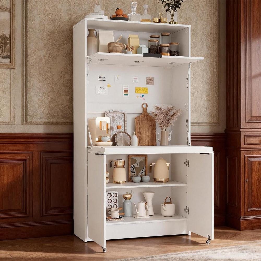 Pantry Cabinet with Hutch and Foldable Workstation, Multifunctional Wood Cupb...