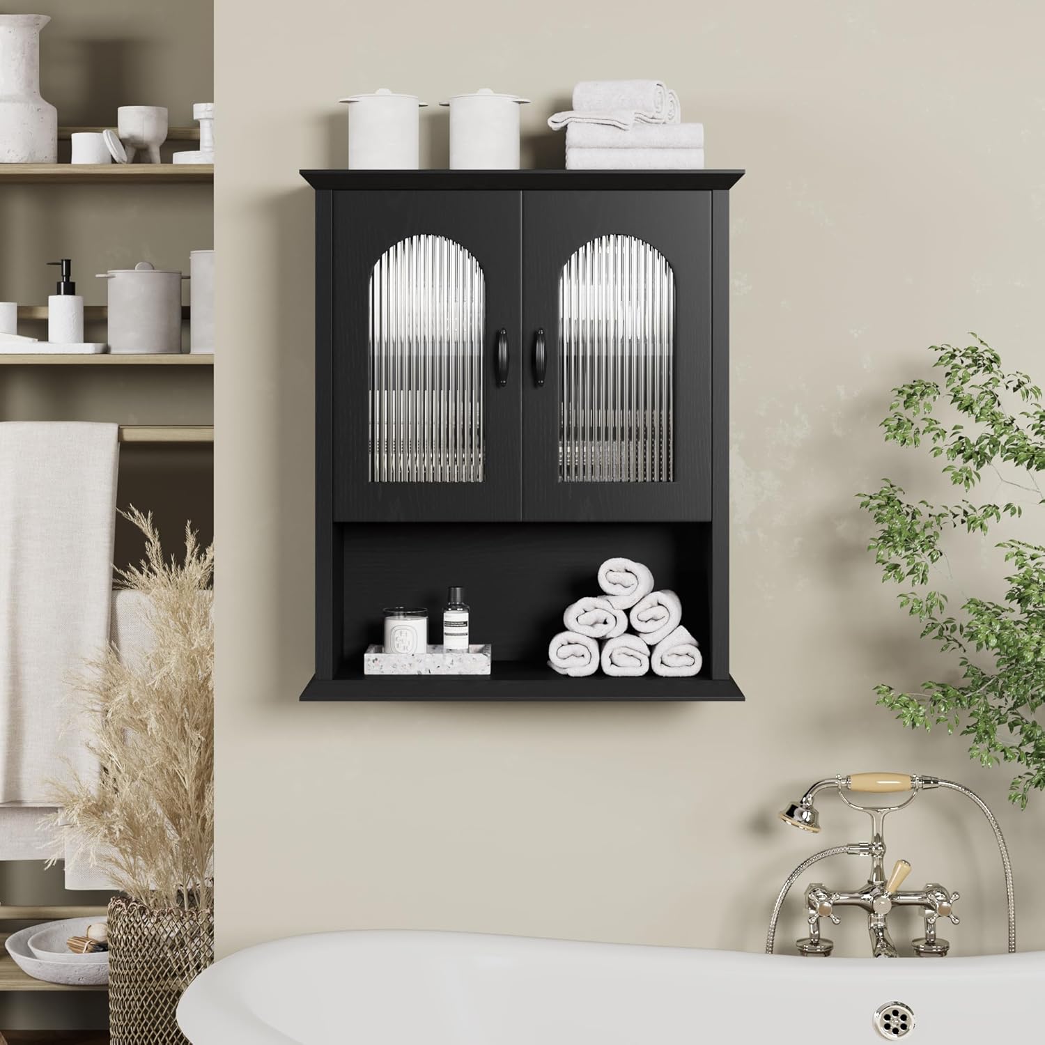 CJL Bathroom Wall Cabinet with Fluted Door, 18.9'' x 23.6'' Medicine Cabinet, Over The Toilet Storage Cabinet, Black