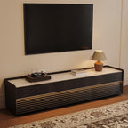 POVISON Fully-Assembled Mid Century Glossy Sintered Stone TV Stand, 78.74" Wood Media Console with Adjustable LED Light, Entertainment Center with Storage for Living Room