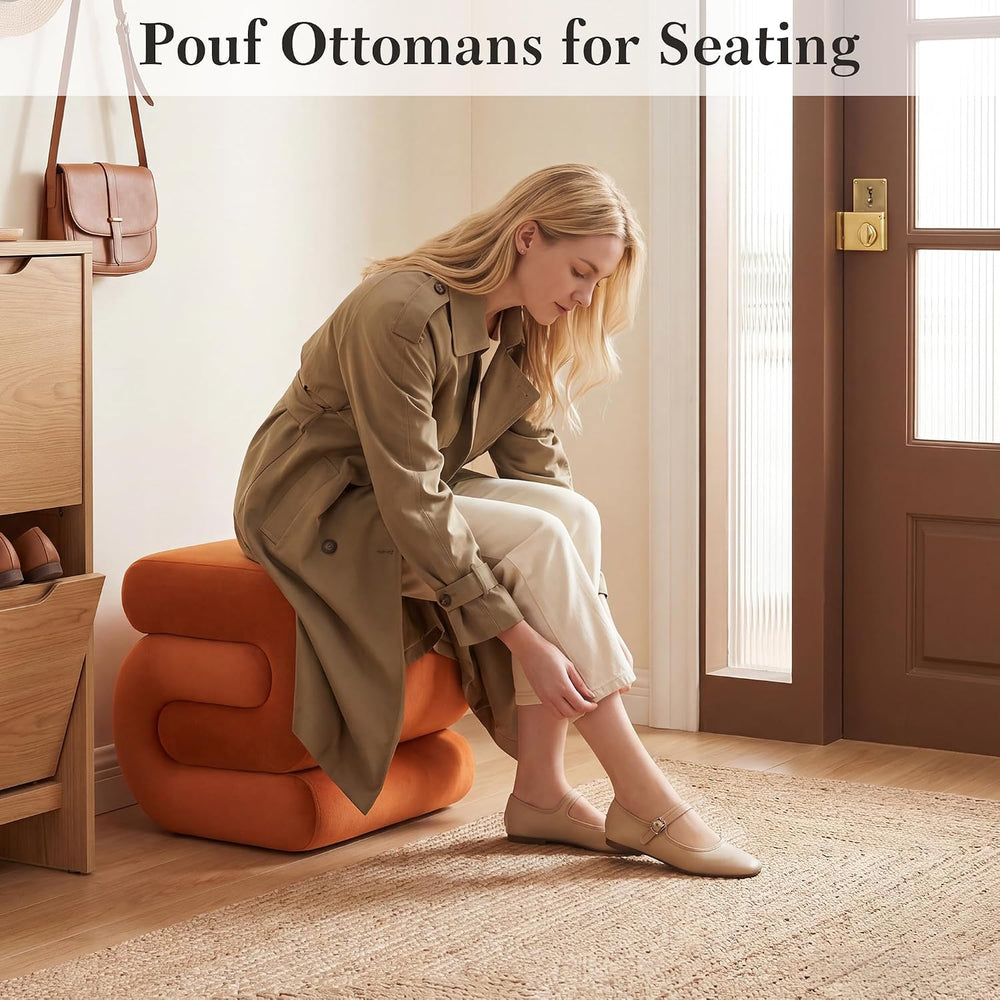 FOXHUNTER S Shape Modern Pouf Ottoman Vanity Stool, Velvet Orange | Footstool...