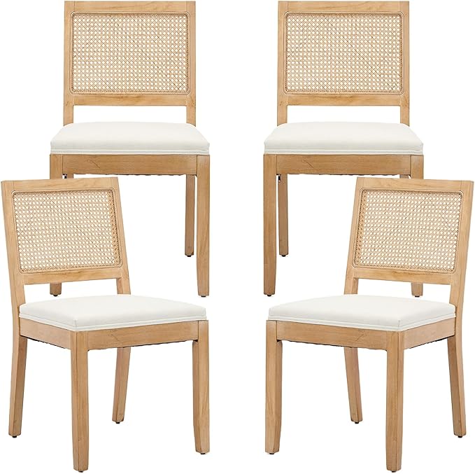 French Country Dining Chairs Set of 4, Cream Kitchen & Dining Room Chairs Set of 4, Ivory Rattan Dining Chairs, Cane Low Back, Wood Legs, Sillas De Comedor (Rattan, Beige, 4Pcs)