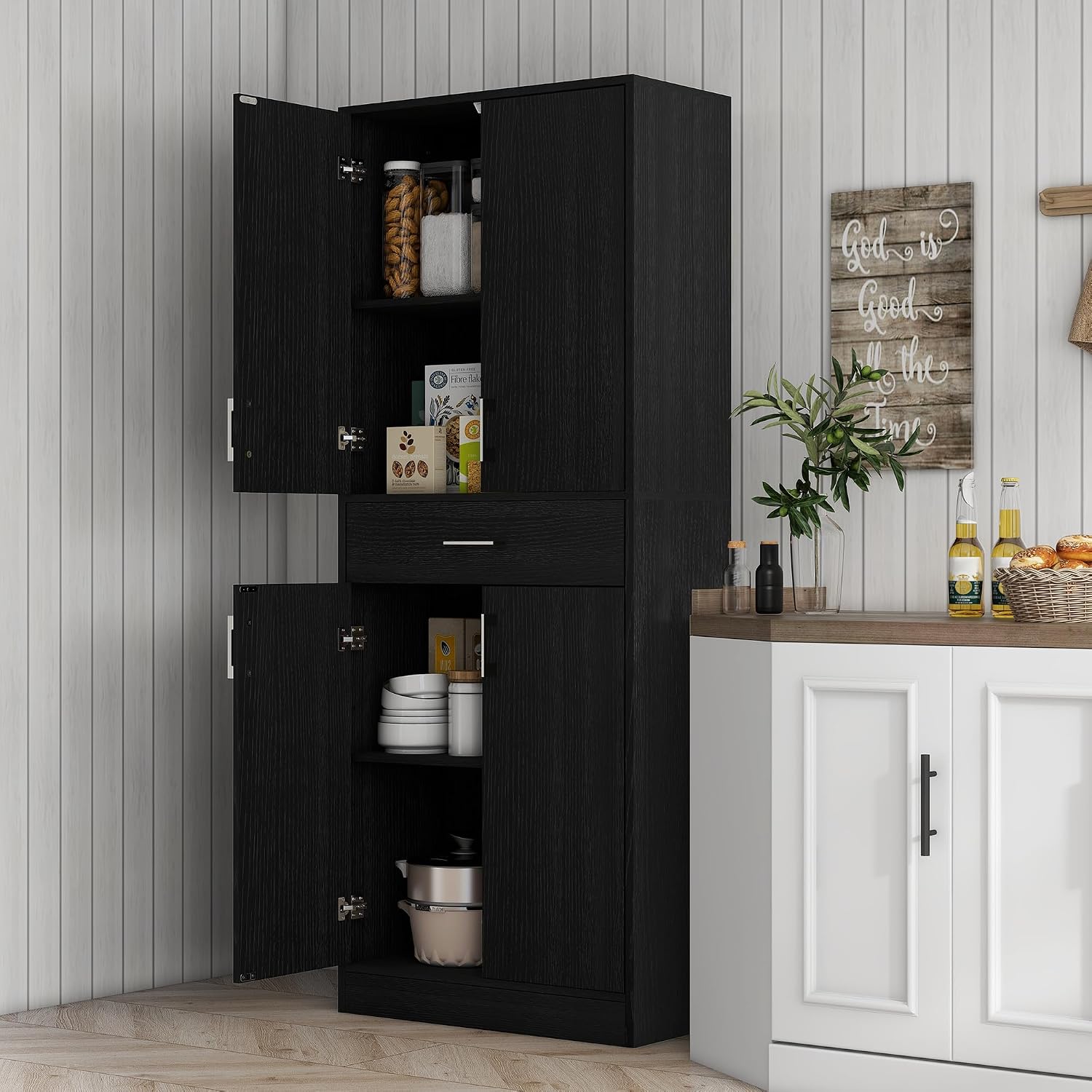 71" Kitchen Pantry, Freestanding Storage Cabinet with Drawer and Adjustable Shelf, 2 Double Door Cupboards, Black, Easy to Maintain, for Dining Room