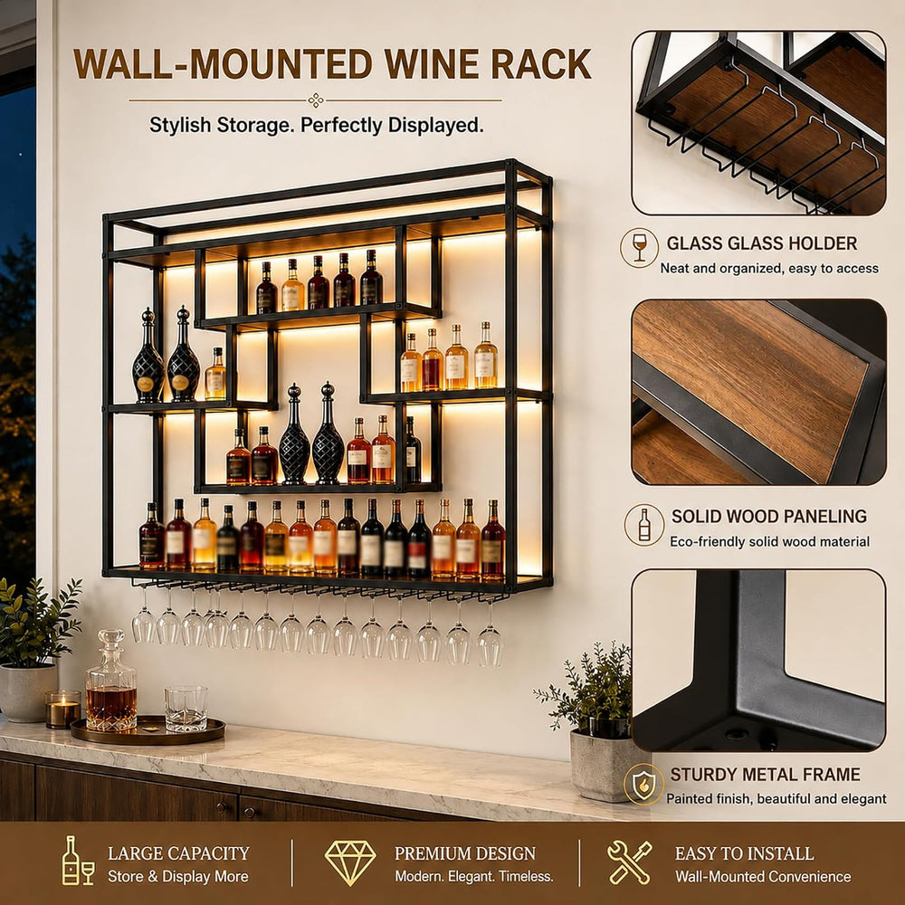 Wall Mounted Wine Rack with LED Lights, Large Industrial Metal Liquor Bottle ...