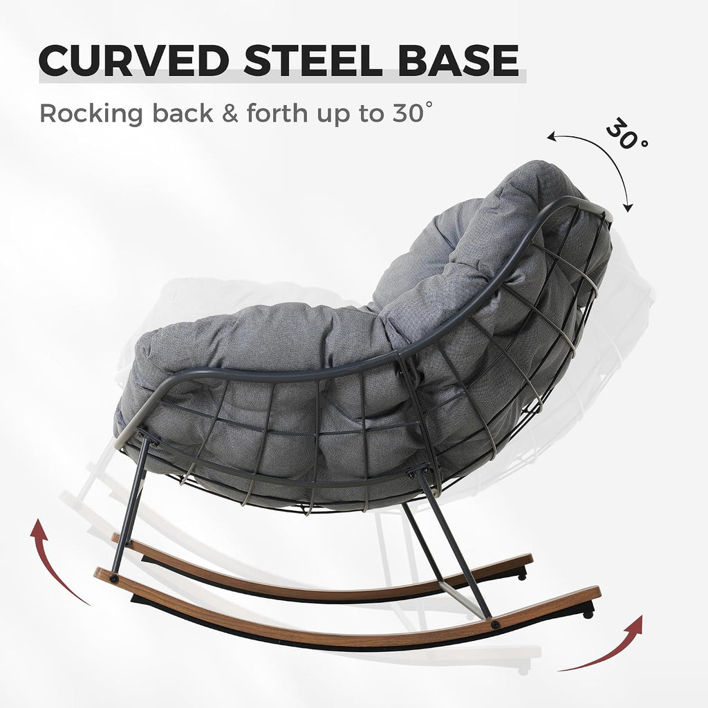 Grand patio Outdoor Rocking Chair, Oversized Papasan Rocking Chair with Thick Cushion, Indoor Outdoor Cozy Rocker for Balcony, Living Room, Patio, Gray