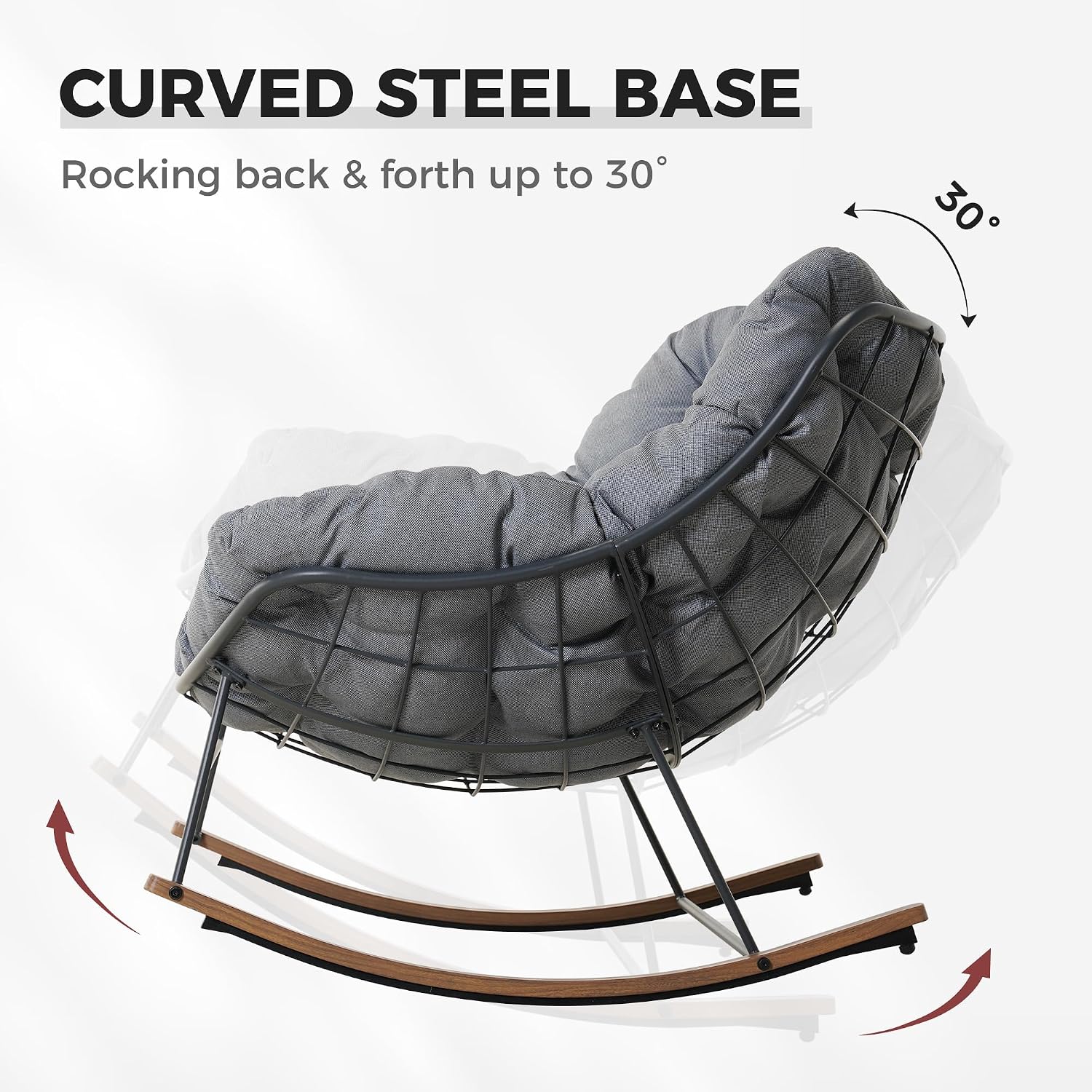 Grand patio Outdoor Rocking Chair, Oversized Papasan Rocking Chair with Thick Cushion, Indoor Outdoor Cozy Rocker for Balcony, Living Room, Patio, Gray