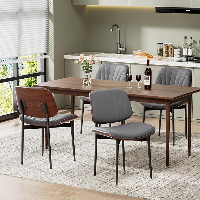 Dining Chairs Set of 2, Mid-Century Modern Upholstered PU Leather Chairs with Walnut Back and Metal Legs Adjustable Feet for Kitchen Dining Room, Dark Gray Shell Strips