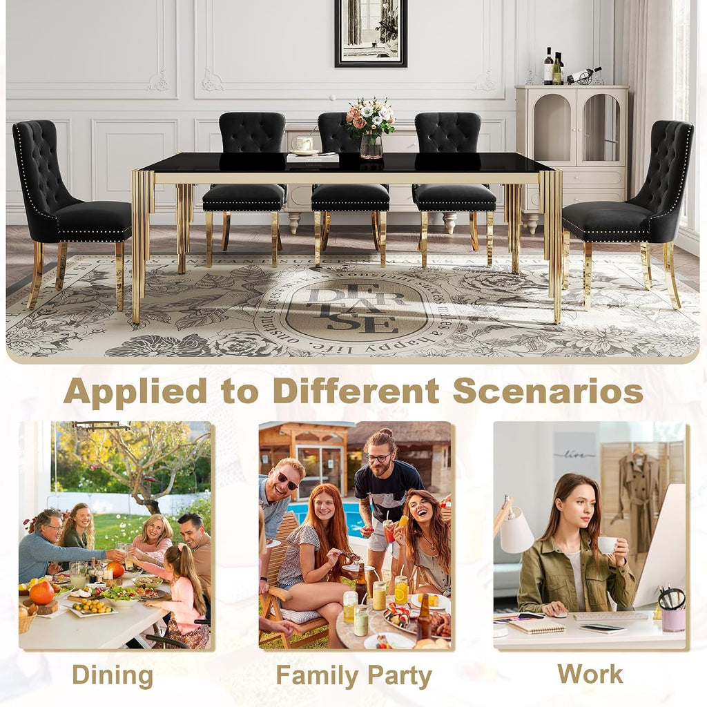 9 Piece Glass Dining Table Set for 8, 81" Rectangle Kitchen Table with 8 Black Velvet Upholstered Chairs, Tempered Glass Tabletop with Stainless Steel Legs, for Kitchen and Dining Room, Gold Black