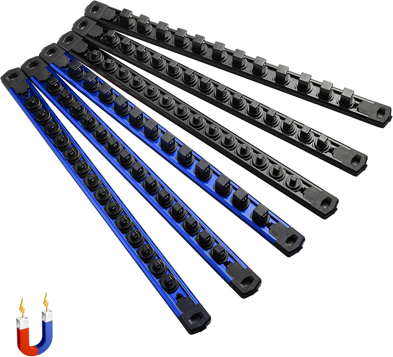 ALOANES 6-Piece Magnetic Socket Organizer, Heavy Duty Aluminum Socket Rails Organizer, 360° Swivel Clips Socket Holder Kit for Tool Box, 1/2, 3/8, 1/4-Inch Socket Holder x 80 Clips (Black&Blue)