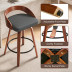 25" Swivel Bar Stools Set of 2, Mid Century Modern Bar Island Stools | Upholstered Faux Leather Counter Height Barstools with Walnut Back & Bentwood Legs