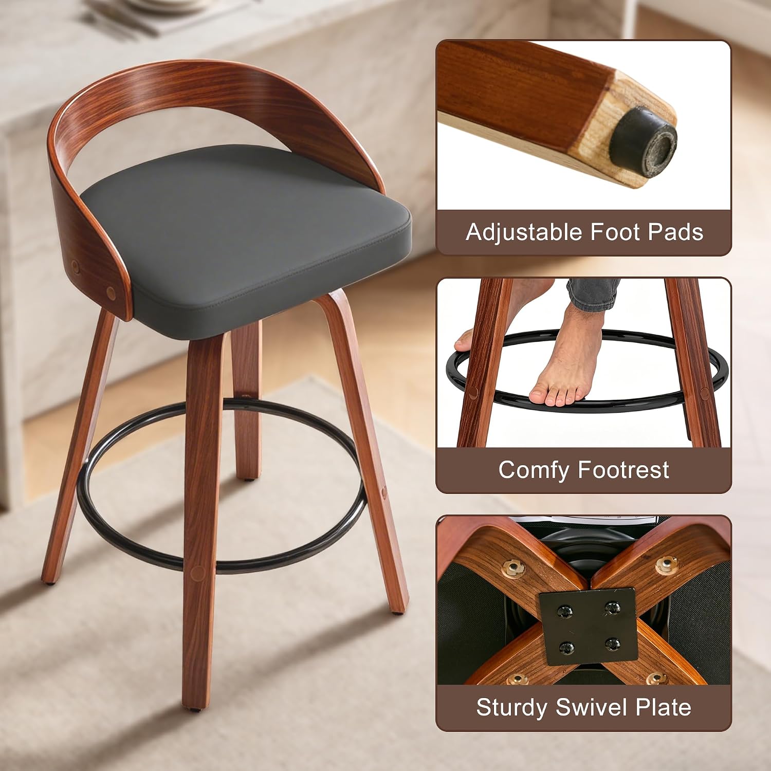 25" Swivel Bar Stools Set of 2, Mid Century Modern Bar Island Stools | Upholstered Faux Leather Counter Height Barstools with Walnut Back & Bentwood Legs