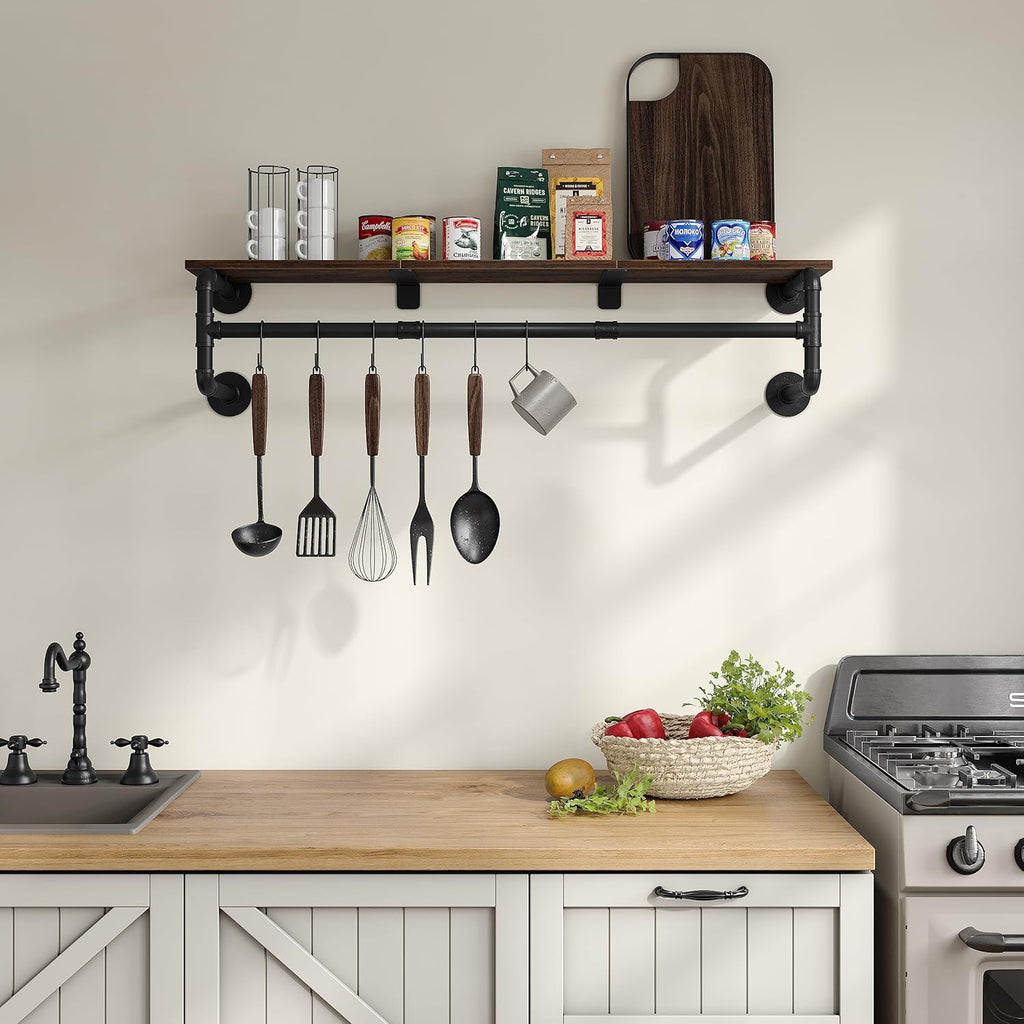 Industrial Pipe Clothes Rack with Top Shelf and 3 Hooks, 41''L Wall Mounted Garment Rack, Heavy Duty Iron Garment Bar, Clothes Hanging Rod Bar, 4 Base Max Load 135Lb Black