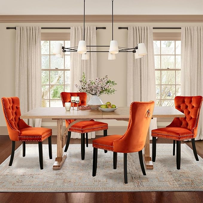 Velvet Upholstered Dining Chairs Set of 4, Modern Style Kitchen Side Chairs with Nailhead Trim and Wood Legs,Metal Pulling Ring for Dining Room Living Room(Orange,Set of 4)