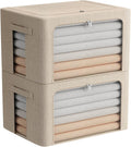FHSQX 2 Pack Clear Window Storage Bins Foldable Fabric Storage Bins Boxes for Clothes Stackable Box Organizer Set with Carrying Handles (Beige, 22L,15.7x 11.8x 7.8 Inch)