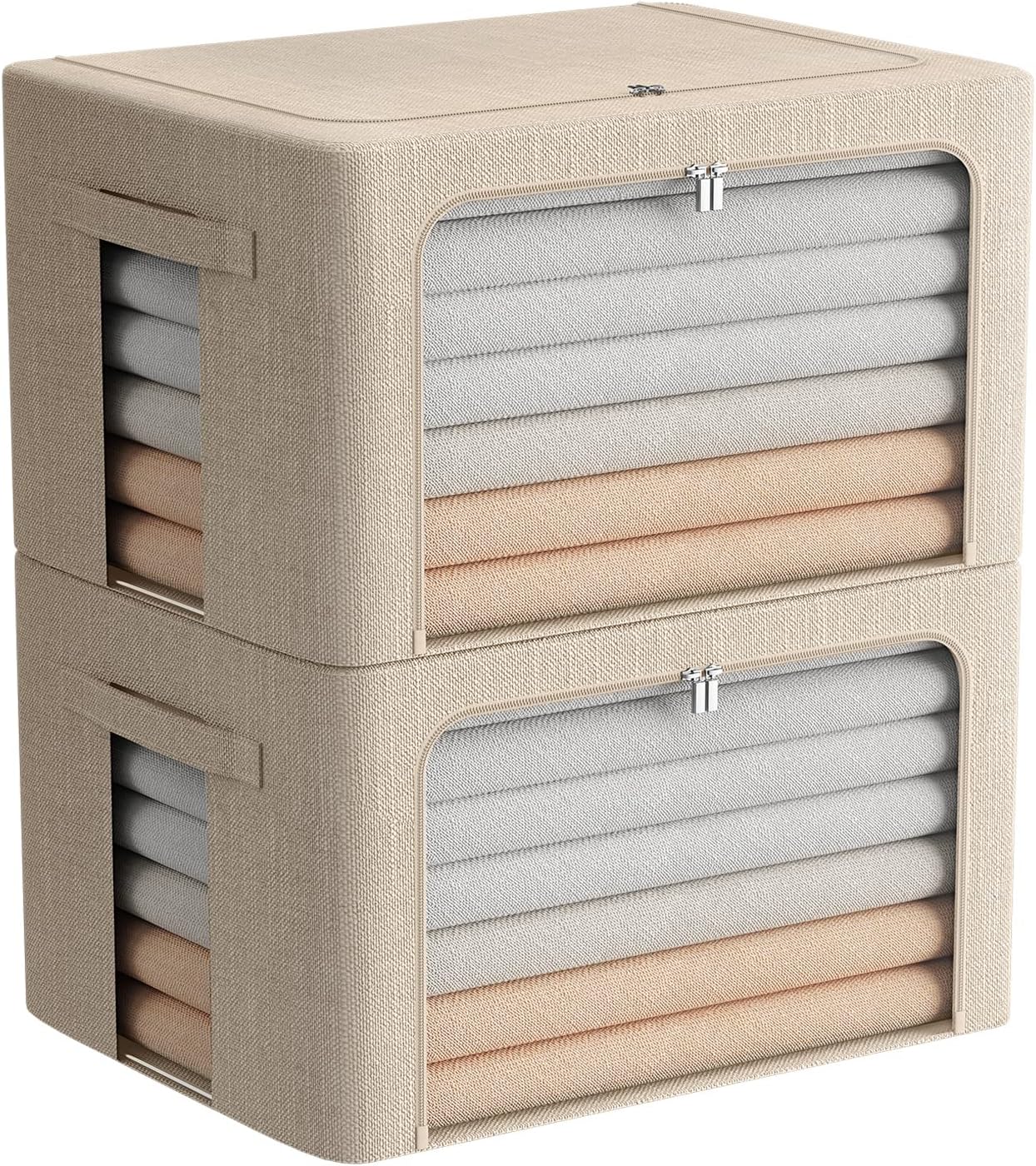 FHSQX 2 Pack Clear Window Storage Bins Foldable Fabric Storage Bins Boxes for Clothes Stackable Box Organizer Set with Carrying Handles (Beige, 22L,15.7x 11.8x 7.8 Inch)