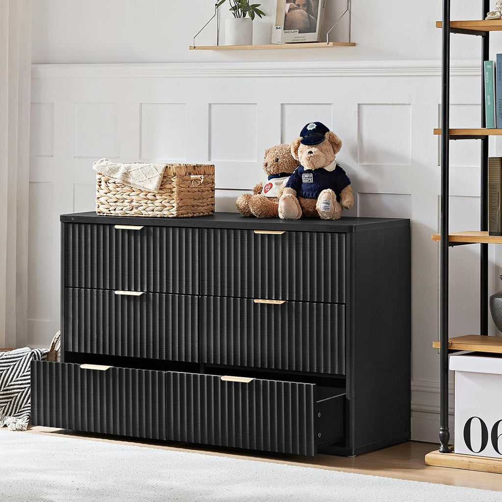 LEYAOYAO Fluted 6 Drawers Dresser Set of 2, 48" Wide Modern Chest of Drawers with Woodgrain Top, Curved Profile Design, Dresser TV Stand, Wooden Drawer Organizer for Bedroom, Living Room,Black