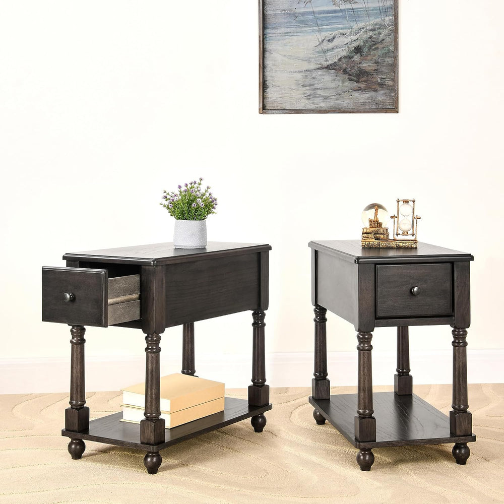 Set of 2 Narrow Open End Table with Drawer, Solid Wood Side Table 2-Tier Skin...