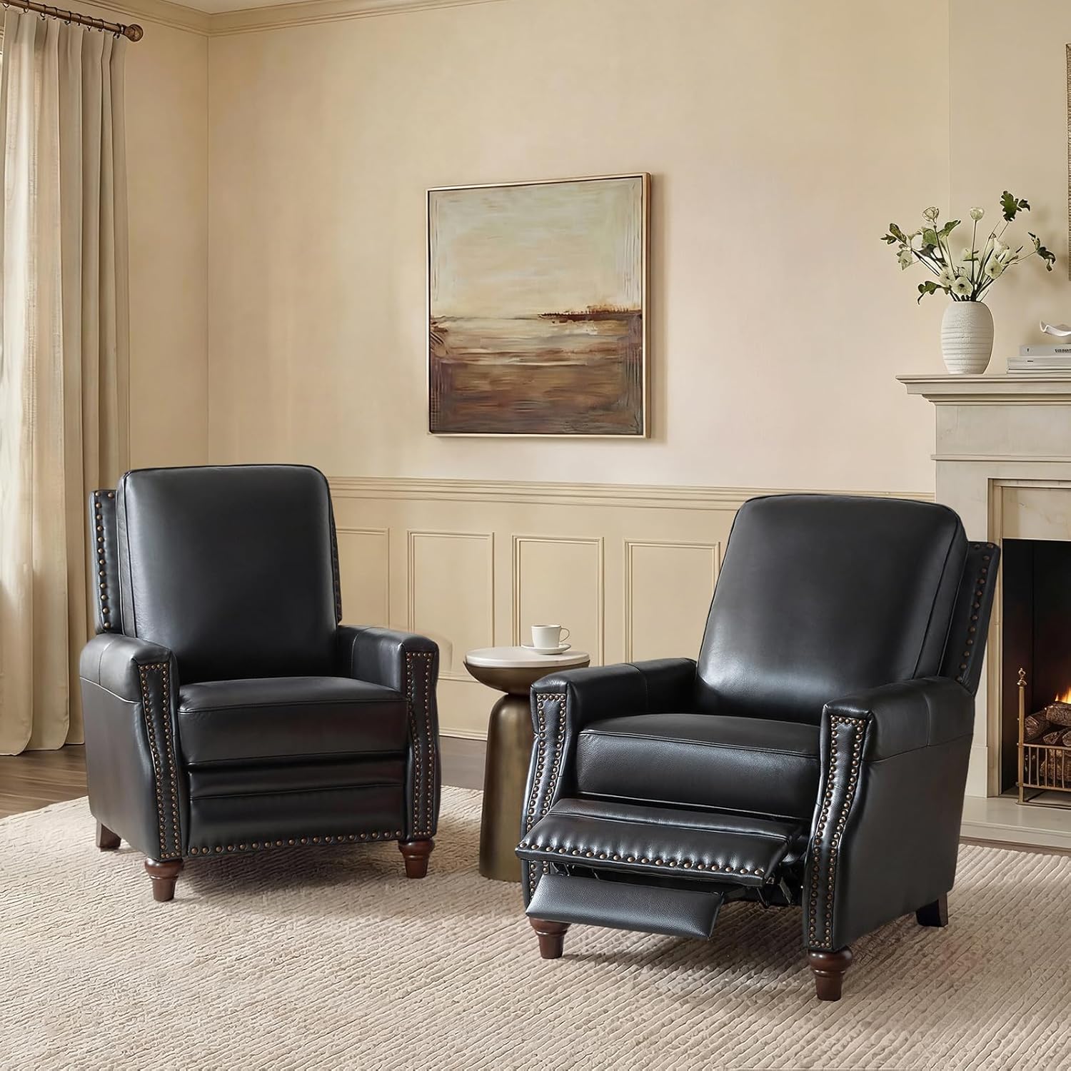 HULALA HOME Genuine Leather Manual Recliners Set of 2 with Wood Legs, Black | Mid Century Modern Push Back Recliner with Nailhead Trim, Adjustable Backrest & Footrest, for Living Room Home Theater