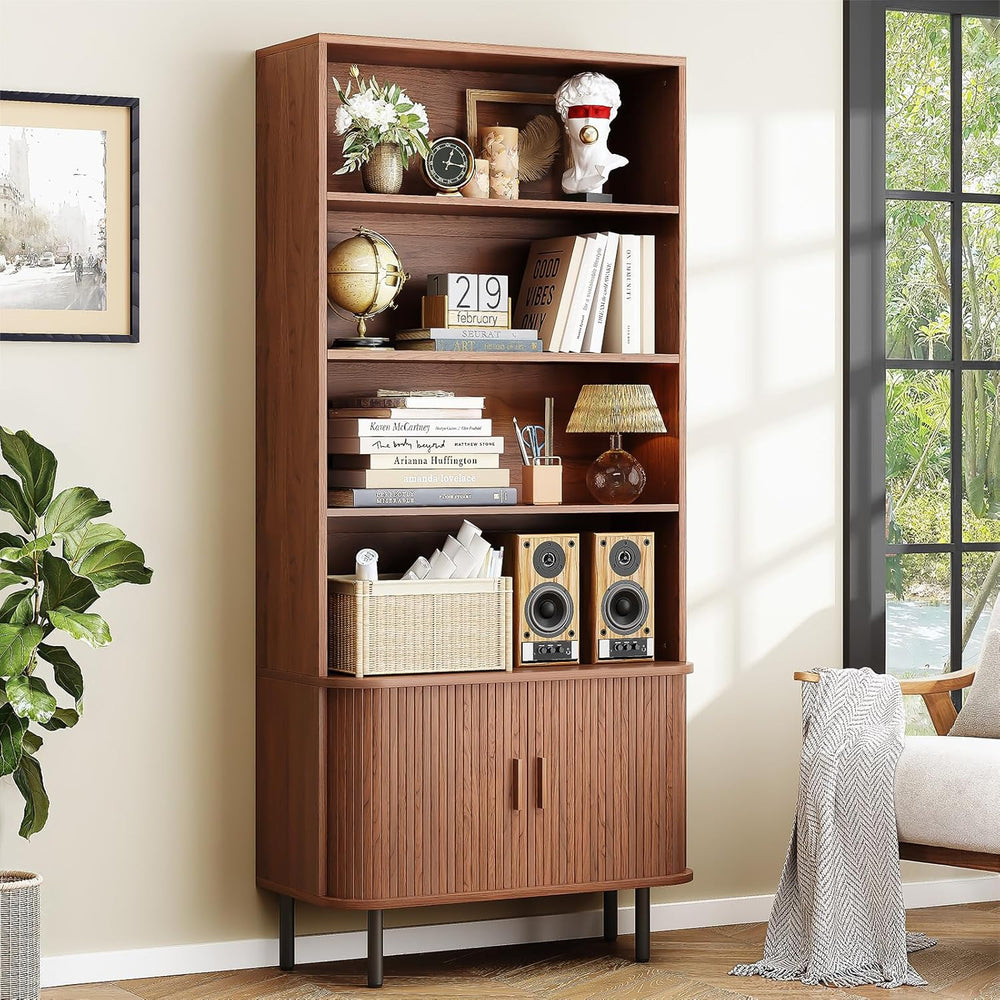 ONBRILL 71" Bookshelf with Sliding Door, Bookcase Storage Cabinet, Walnut