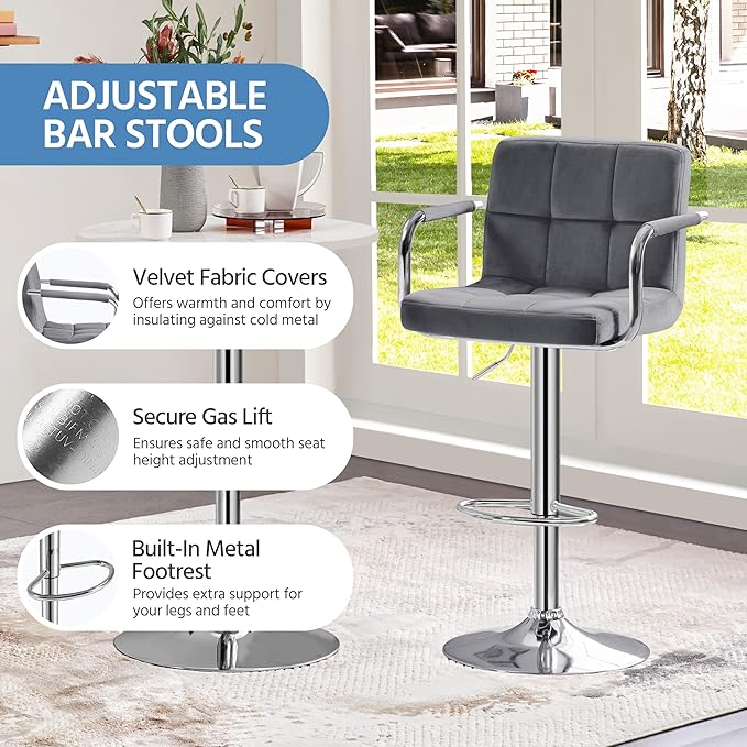 Yaheetech Counter Height Bar Stools Set of 2 Velvet Swivel BarStools for Kitc...
