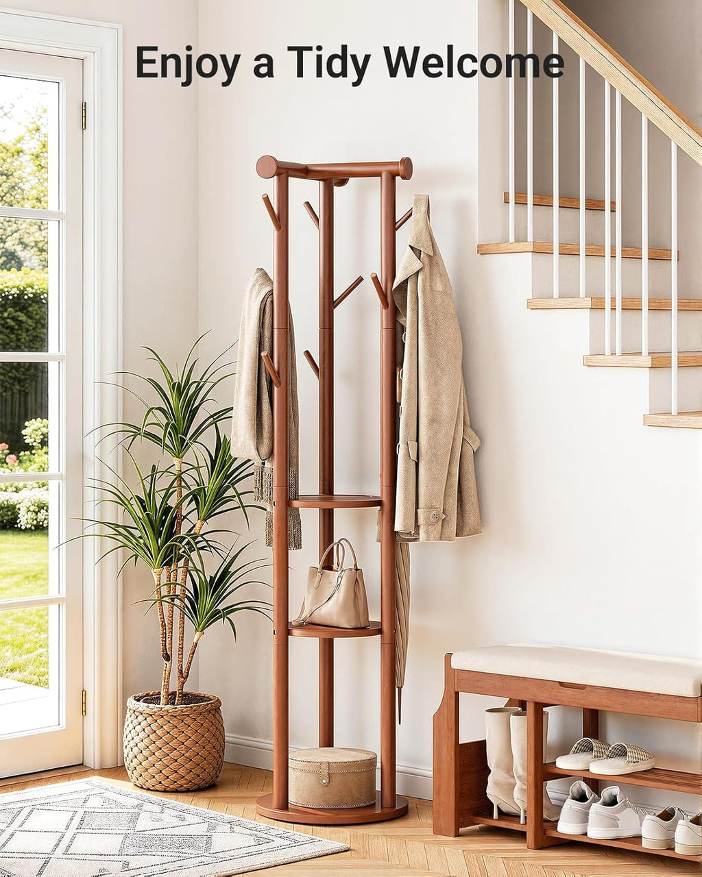 Pipishell Rotary Coat Rack, Solid Wood Coat Rack Freestanding with Wheels, 9 Hooks, T-Shaped Top & 3-Tier Shelves for Entryway, Hallway, Bedroom, Coat Tree for Coats, Bags, Hats & Scarves