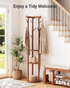 Pipishell Rotary Coat Rack, Solid Wood Coat Rack Freestanding with Wheels, 9 Hooks, T-Shaped Top & 3-Tier Shelves for Entryway, Hallway, Bedroom, Coat Tree for Coats, Bags, Hats & Scarves