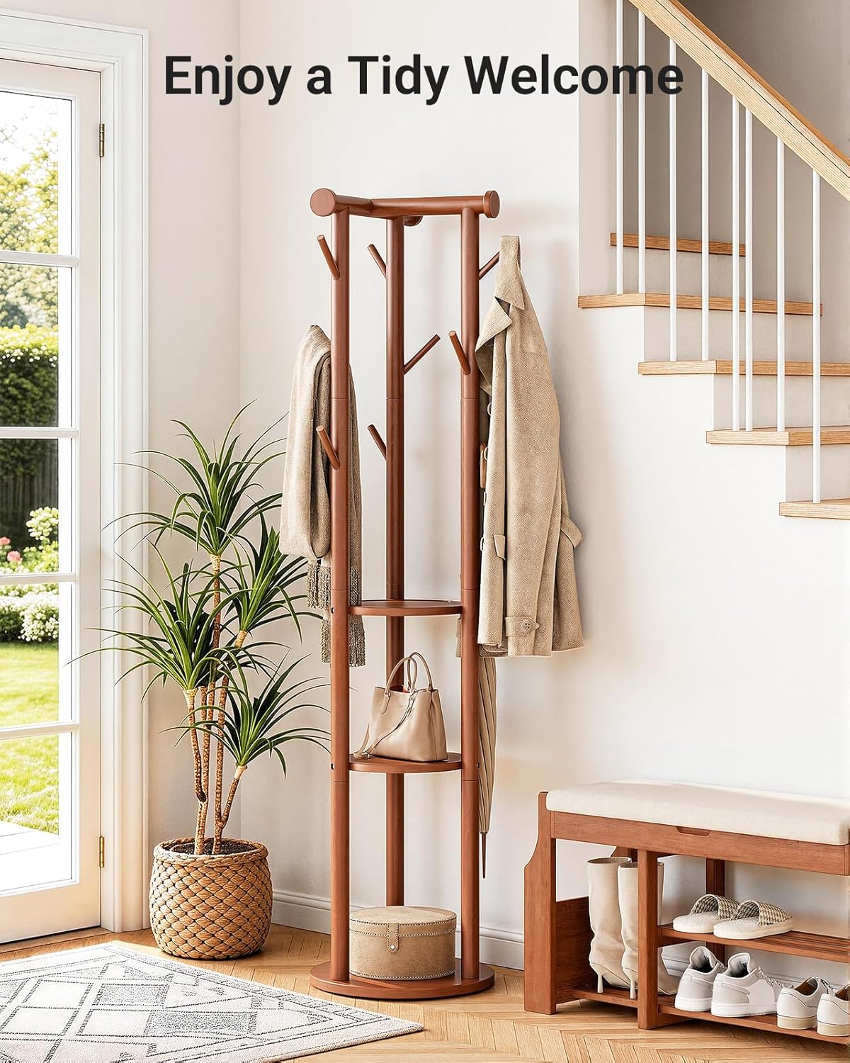 Pipishell Rotary Coat Rack, Solid Wood Coat Rack Freestanding with Wheels, 9 Hooks, T-Shaped Top & 3-Tier Shelves for Entryway, Hallway, Bedroom, Coat Tree for Coats, Bags, Hats & Scarves