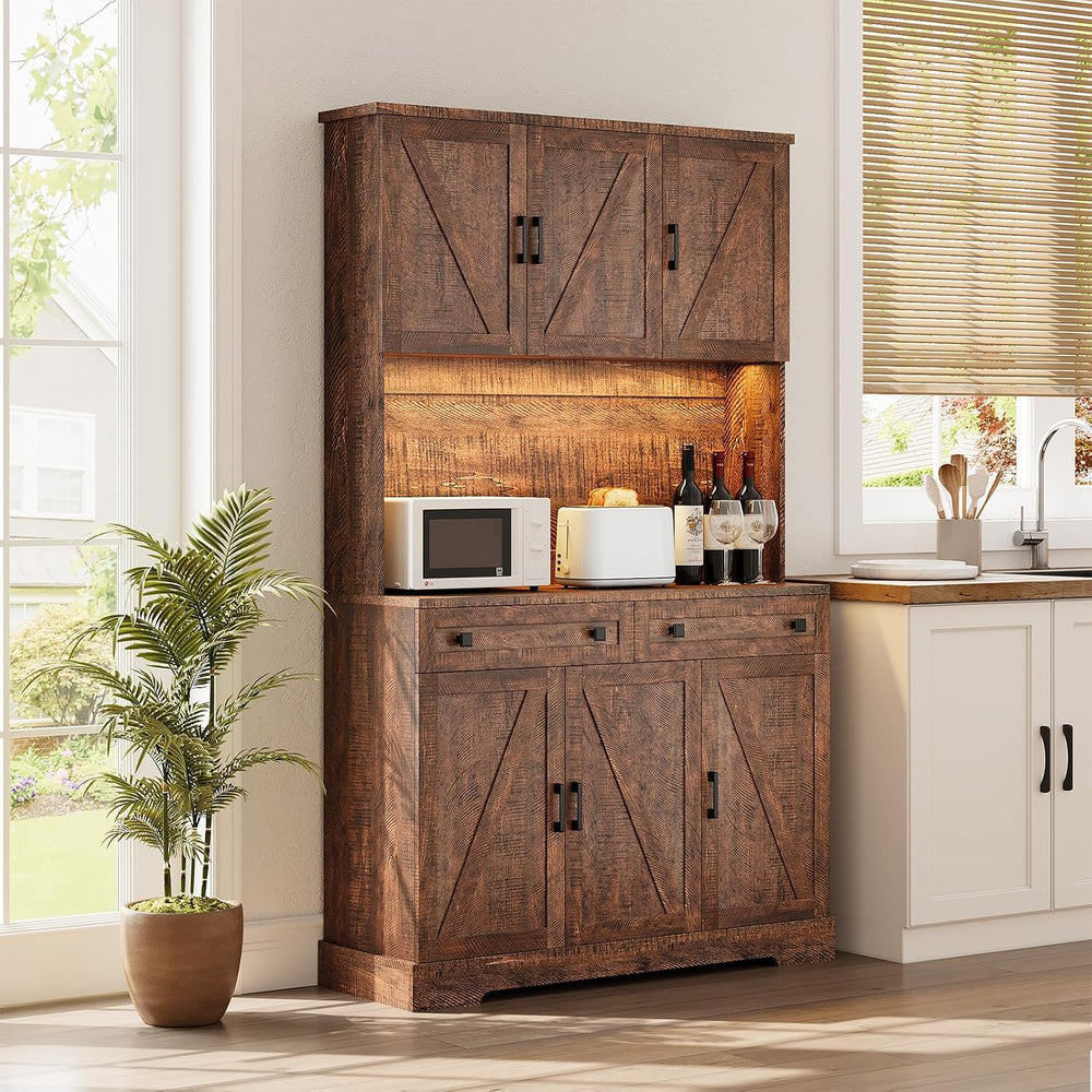 ELYKEN 71" Kitchen Pantry Storage Cabinet with Outlet & LED Lights, ...