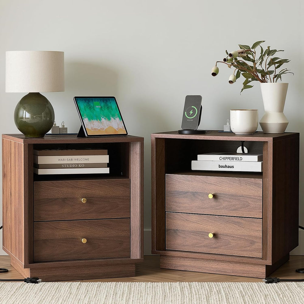 FORTUNETEC 19.6" Nightstand with Charging Station, Dark Walnut