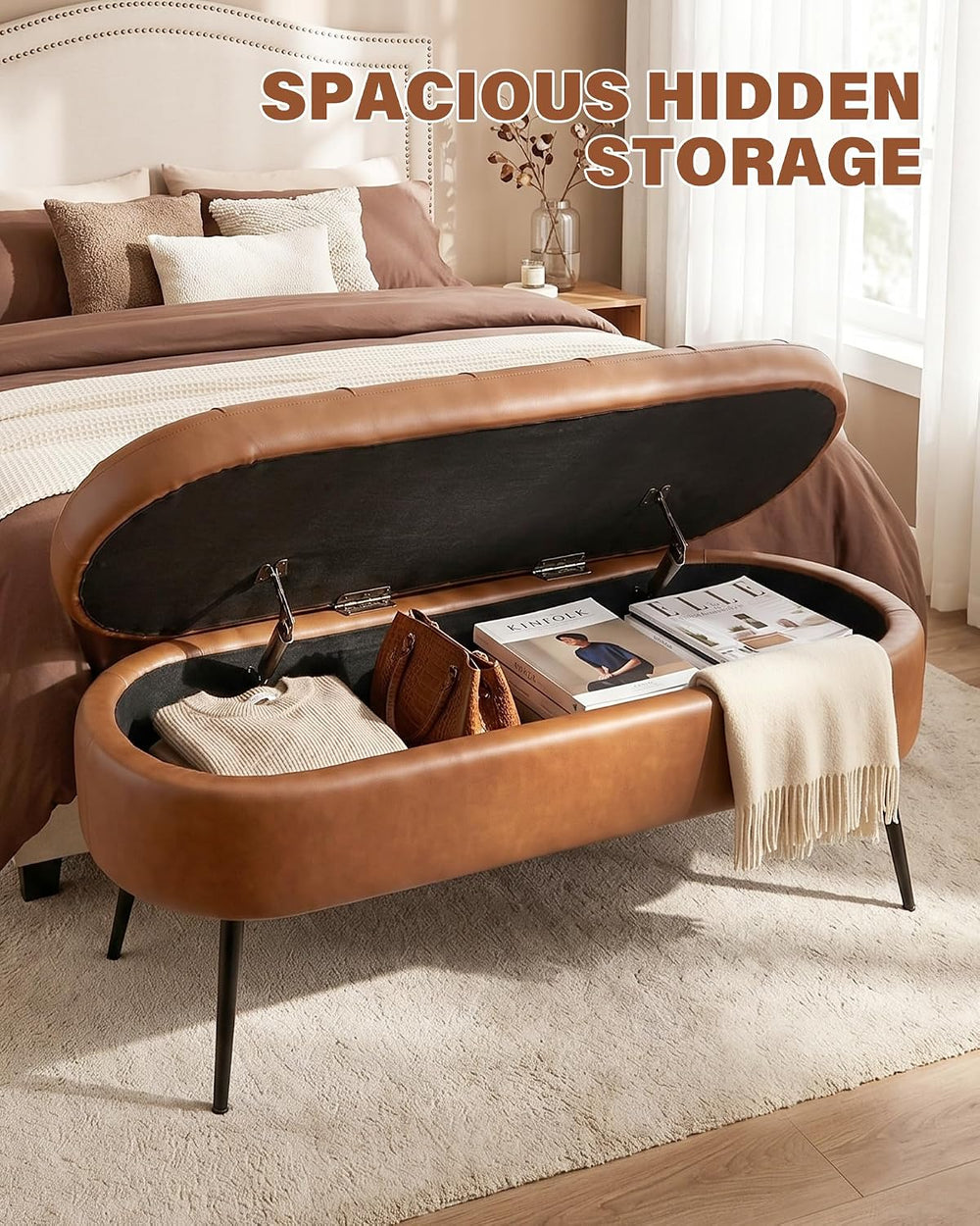 Storage Ottoman Bench, 43.7"PU Leather End of Bed Bench Walnut Brown | B...