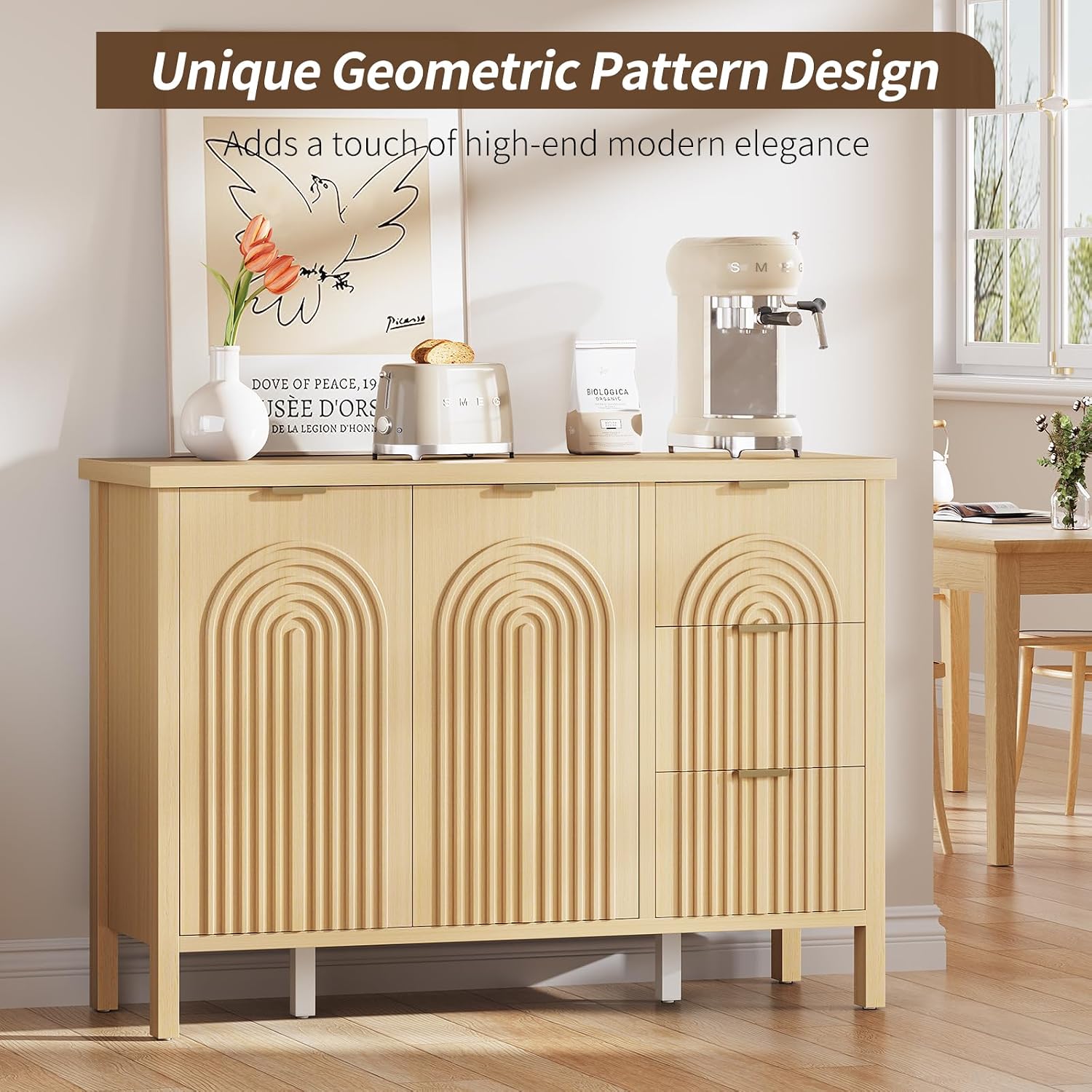 Sideboard Buffet Cabinet with Storage - Fluted Accent Coffee Bar Cabinets Kitchen Credenza with Drawers & Doors, Wood Console Side Board with Adjustable Shelf for Living Room Entryway,Natural