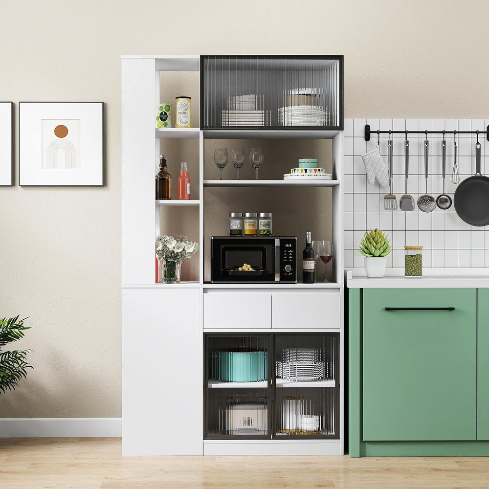 Modern 70.87" Tall Storage Cabinet with 5 Drawers, Glass Doors and Displ...