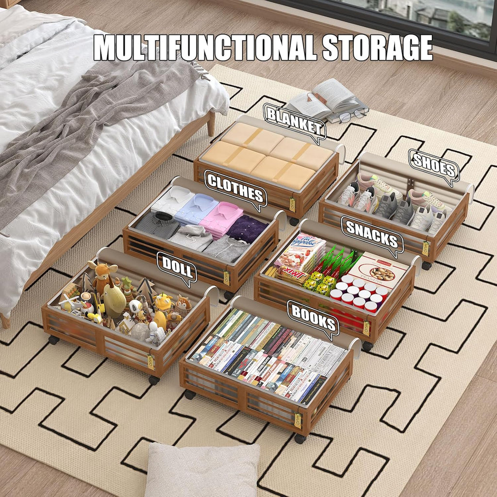 Bamboo Underbed Storage Containers with Wheels & Bag 2 Pack, Large Under Bed Rolling Storage Bins Wood Under Bed Clothes Storage Stackable Drawers for Bedroom Closet Under Crib Toy(Walnut)