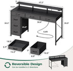 Huuger Gaming Desk with 6 Drawers, Computer Desk with LED Lights Power Outlets and Type-C, 47 Inch Office Desk with Storage, Monitor Stand, Writing Desk Work Desk Home Office, Bedroom, Study, Black
