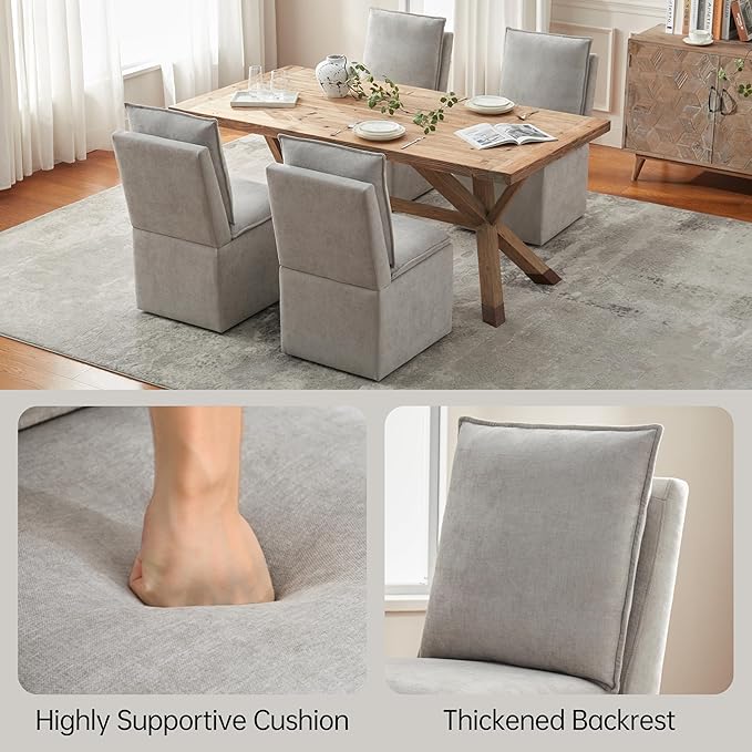 VKNOW Upholstered Dining Chairs Set of 2, Modern Rolling Chairs with Storage and Wheels, Linen Armless Chair with Cushion and Backrest, Dining Room Chairs for Living Room Kitchen Bedroom, Light Grey