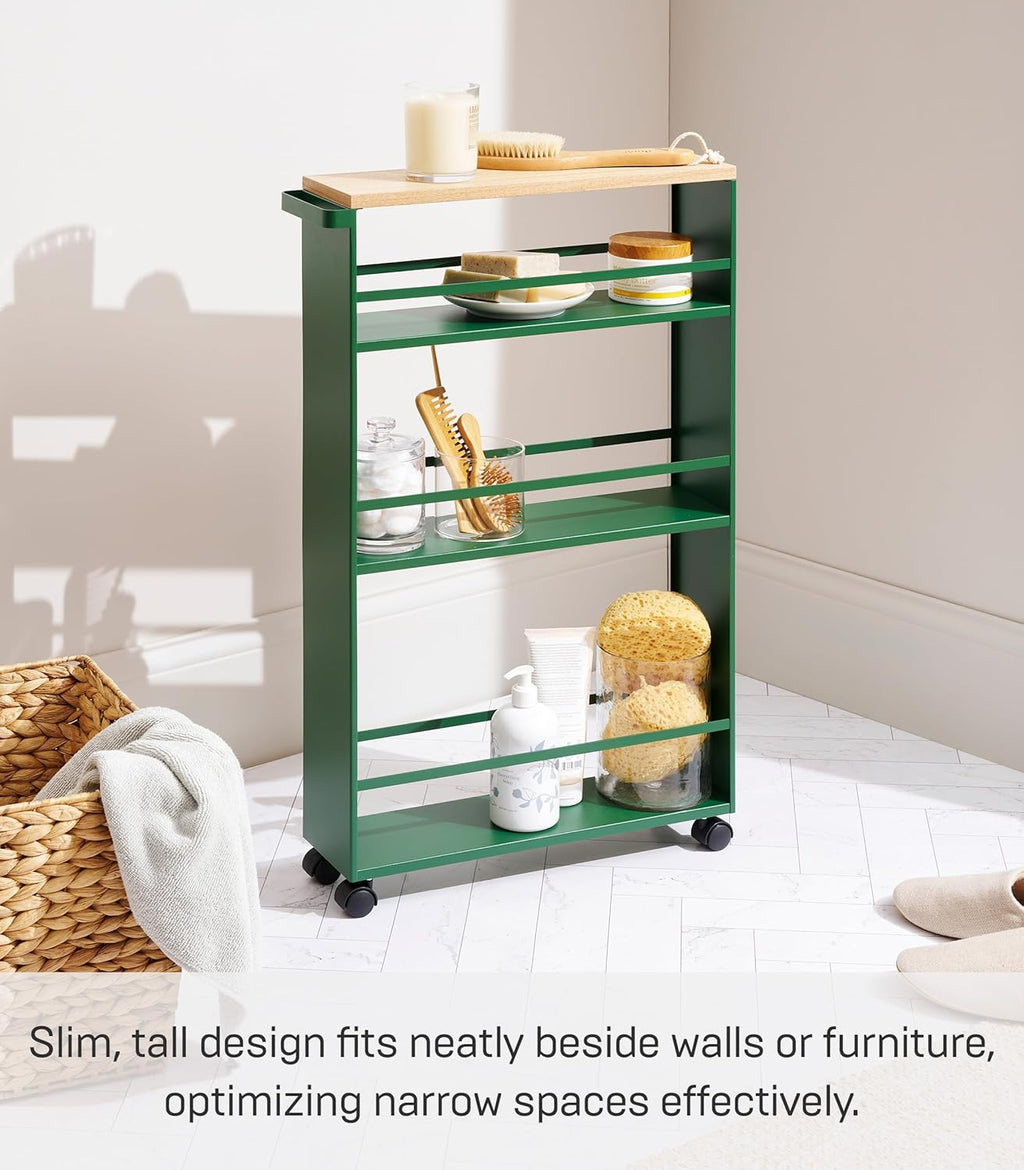 YAMAZAKI Home Slim Rolling Storage Cart – Narrow Kitchen Storage Cabinet with Handle, Slim Storage Cart with Wheels, Easy Assembly, Steel + Wood, Green