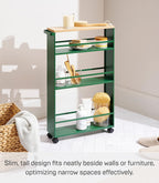 YAMAZAKI Home Slim Rolling Storage Cart – Narrow Kitchen Storage Cabinet with Handle, Slim Storage Cart with Wheels, Easy Assembly, Steel + Wood, Green