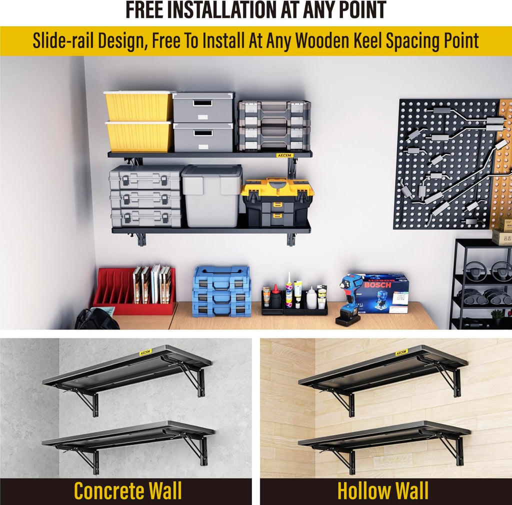 2pack-1.2x3ft Adjustable Rail Type Folding Storage Rack Shelf, Suitable for Garage, Storage Room, Kitchens Wall Shelf Garage Storage Rack Floating Shelves, Folding Panels (2pcs-Black)