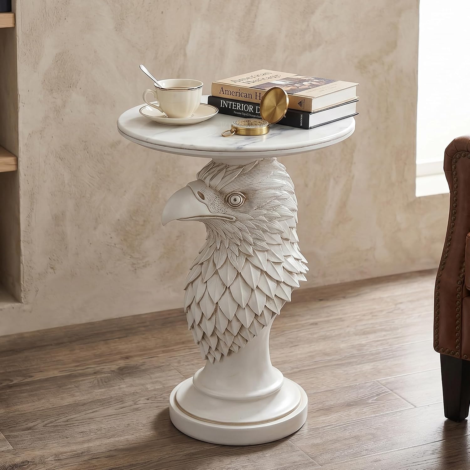 Modern Ivory Eagle Accent Table - 24.41" Minimalist White Resin Eagle Head Pedestal Table with 17.72" Round Faux Marble Top, Unique Animal Art Sculpture Side Table for Chic Home Decor, 24.25 LBS